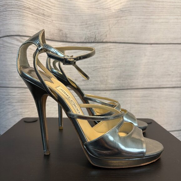 Jimmy Choo Metallic Silver Strappy Stiletto Heels Size 39.5 - Picture 2 of 4